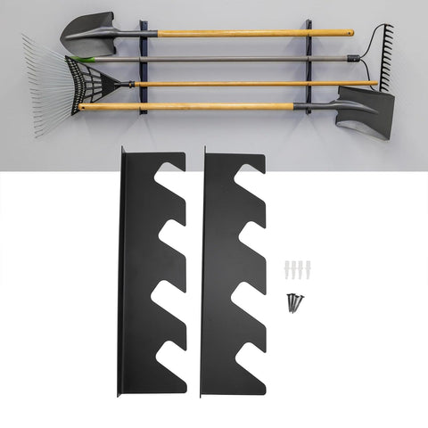 Top Shelf Heavy Iron Shovel And Rake Holder Wall Mounted Shed Tool Rack Rust Proof Open Design with garden tools.