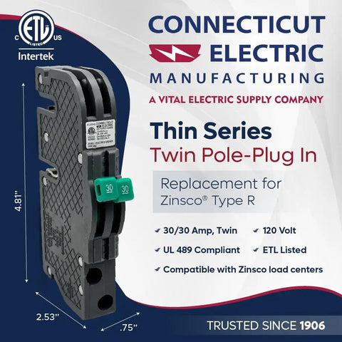 Thin Series Twin 30 Amp Replacement Circuit Breaker For 120 And 240 Volt Panels, Two One Pole Units In A Three Quarter Inch Body