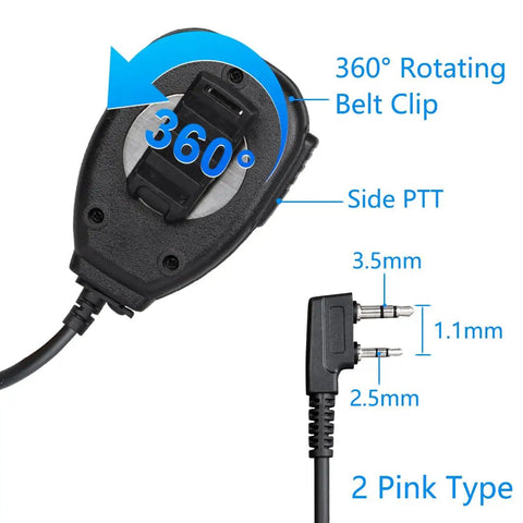 Walkie Talkie Speaker Mic For Baofeng Radios That Play Nice With UV 5R UV 82 BF F8HP showing 360° rotating clip and 2-pin plug
