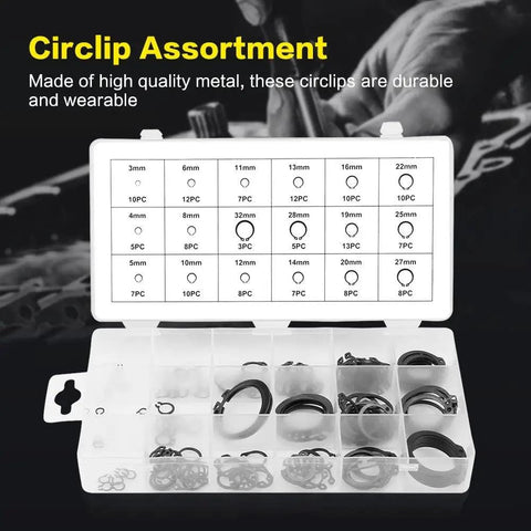 Heavy Duty 150 Pcs Black C Clip Retaining Ring Set 3mm to 32mm Internal and External, 18 sizes in storage box