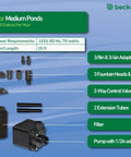FR900 Pond Pump Set Submersible Fountain Pump with 3 fountain heads, 2-way control valve, filter, and adapters for outdoor water features.