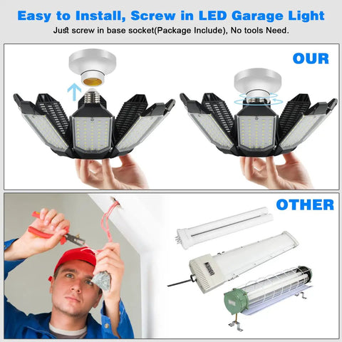 Comparison of Ultra Bright 200W LED Garage Light with 8 Adjustable Panels for E26 E27 Sockets and traditional fixtures