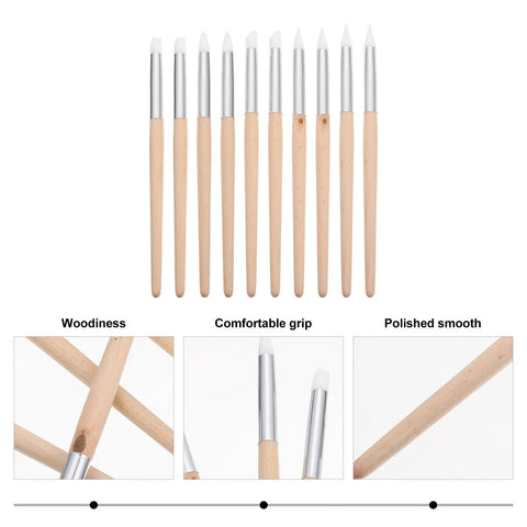 Ten Piece Pro Grade Watch Dial Cleaning Pens With Wooden Handles For Ultra Precise Movement Cleaning shown upright with close-ups