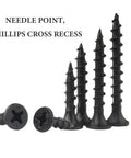 220 Pack One Quarter X 6 Phillips Drywall Screws For Sheetrock Wood Framing Workhorse Grade Carbon Steel Body Coarse Threads Give Serious Grip And No Fuss Install Every Day in black, showing needle point and cross recess.