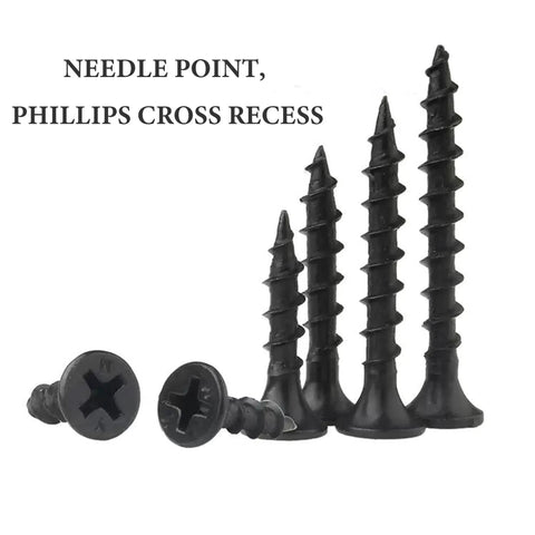 220 Pack One Quarter X 6 Phillips Drywall Screws For Sheetrock Wood Framing Workhorse Grade Carbon Steel Body Coarse Threads Give Serious Grip And No Fuss Install Every Day in black, showing needle point and cross recess.