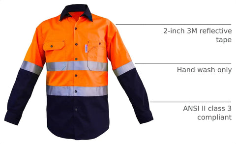 Mens Heavy Duty Go To Hi Viz Safety Shirt With Slick 360 Degree Reflective Tape Boss Level Ansi Class 3 Work Apparel All Day Comfort Cotton Utility Shirt Orange Navy Blend with 3M reflective tape