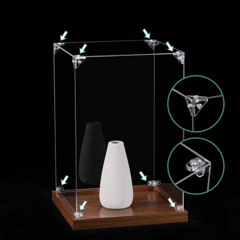 Real Deal 24 Piece Clear Acrylic Corner Bracket Kit on display case with clear brackets and decorative vase.