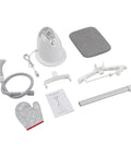 Effortless Standing Garment Steamer With Ironing Board parts including hose, tank, and board, 1.4L tank, heats up in 45 seconds.