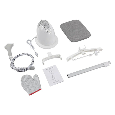 Effortless Standing Garment Steamer With Ironing Board parts including hose, tank, and board, 1.4L tank, heats up in 45 seconds.