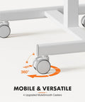Close-up of a mobile small standing desk with lockable wheels for sit stand work desk on wheels, featuring 360-degree rotating casters.