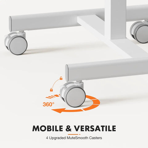 Close-up of a mobile small standing desk with lockable wheels for sit stand work desk on wheels, featuring 360-degree rotating casters.