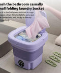 No Hustle Foldable Washing Machine With Three Deep Clean Settings And Super Chill Spin Dry for socks and clothes in a small folding laundry bucket.