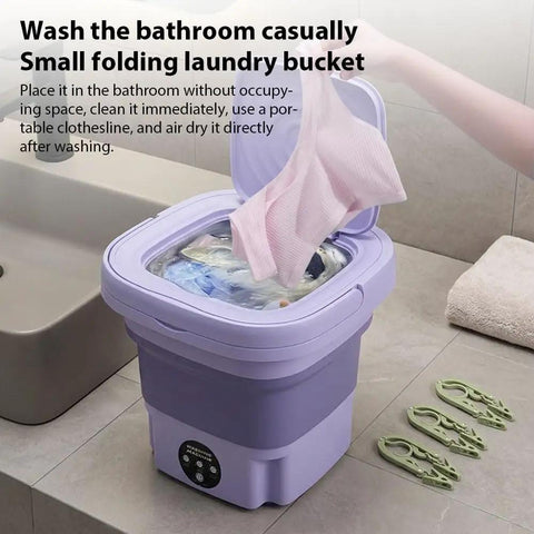 No Hustle Foldable Washing Machine With Three Deep Clean Settings And Super Chill Spin Dry for socks and clothes in a small folding laundry bucket.