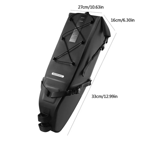 Big Capacity Waterproof Bike Seat Bag 10 To 14L With Roll Top Closure Anti Slip Buckles Side View with Dimensions