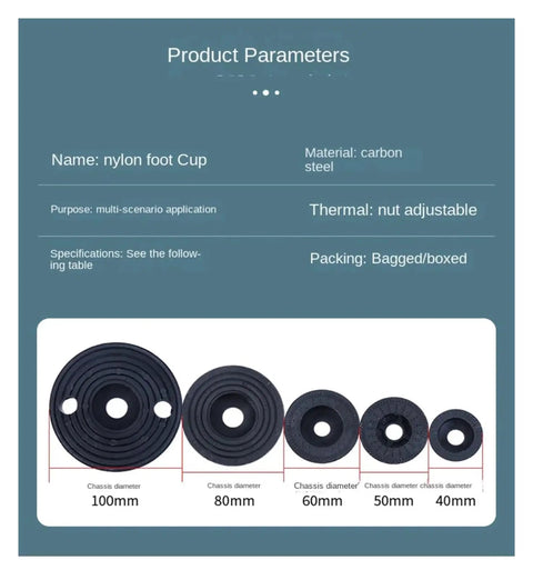 Adjustable Furniture Legs Four Pack Featuring M8 To M16 Threads Swivel Leveling Feet And Round Antislip Cushion Bottom For No Fuss Tabletop Upgrades Delivering Next Level Stability To Your Home Or Office Setup, showing nylon foot cups with varying diameters.