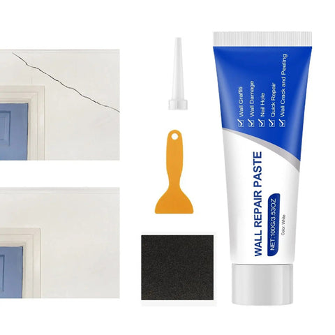 Fast No Mess Drywall Repair Kit For Holes And Cracks, Easy Putty Mending Paste with scraper, sandpaper, nozzle and wall image