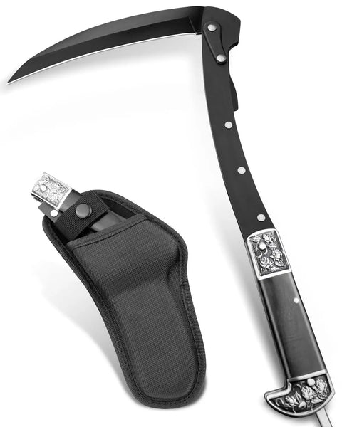 Two Section Folding Sickle With Stainless Steel Blade Black Wood Handle Grab And Go Portable Safety Scythe Knife With Sheath