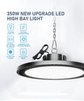 350W UFO LED high bay light with US plug, aluminum housing, and 5 ft cable; part of Six Pack 350W Led UFO High Bay Lights 52500LM 5000K