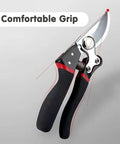 Pro Grade Workhorse 8.4 Inch Pruning Shears With SK5 Steel Titanium Coated Blades, ergonomic grip, close-up view