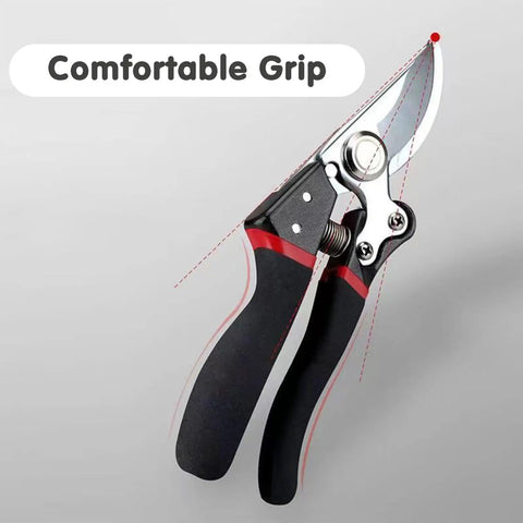 Pro Grade Workhorse 8.4 Inch Pruning Shears With SK5 Steel Titanium Coated Blades, ergonomic grip, close-up view