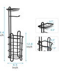 Black Free Standing Toilet Paper Holder With Shelf 2 Pack Dope Bathroom Storage Stand holds rolls, dimensions shown