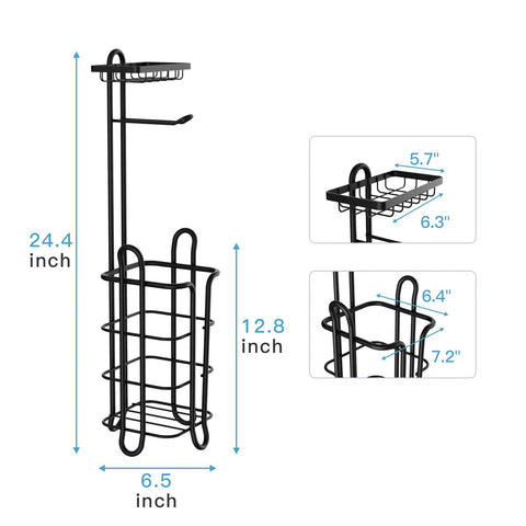 Black Free Standing Toilet Paper Holder With Shelf 2 Pack Dope Bathroom Storage Stand holds rolls, dimensions shown