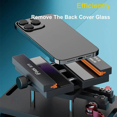 Phone Back Cover Glass Separator Clamp for iPhone and Android showing 360 degree rotating fixing tool in use