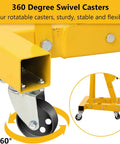Close-up of swivel caster on 2 Ton Cherry Picker Engine Hoist With Folding Hydraulic Crane And Six Swivel Castors Designed For Easy Engine Removal In Auto Repair Shops Garages And Workshops Pro Grade Build Durably Built And Ready For Heavy Duty Use Yellow.