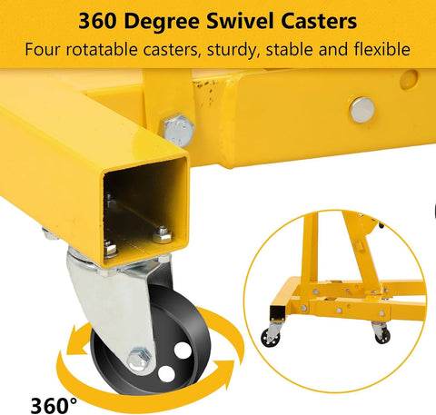 Close-up of swivel caster on 2 Ton Cherry Picker Engine Hoist With Folding Hydraulic Crane And Six Swivel Castors Designed For Easy Engine Removal In Auto Repair Shops Garages And Workshops Pro Grade Build Durably Built And Ready For Heavy Duty Use Yellow.
