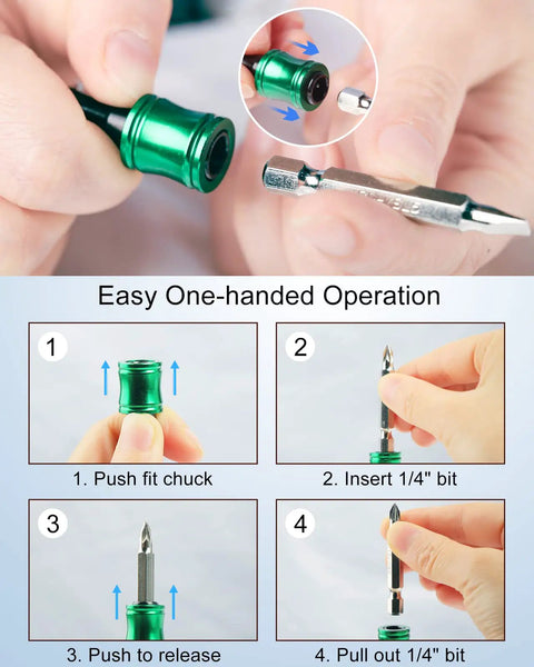 Easy one-handed operation with 6 Piece 1/4 Inch Hex Shank Aluminum Bit Holder Set With Quick Change Extension Bar Keychain Drill Adapter
