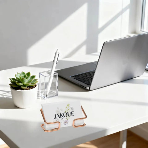 Rose Gold Metal Card Holder For Desk, Sleek Card Organizer And Office Desk Accessory, Elegant Desktop Display Stand, 1 Pack, Luxury Rose Gold Finish on white desk