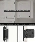 Half Overlay Black Cabinet Hinges 36 Pack Self Closing Heavy Duty Soft Close Kitchen Cabinet Doors close-up view on white cabinets.
