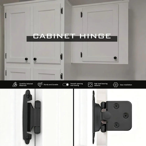 Half Overlay Black Cabinet Hinges 36 Pack Self Closing Heavy Duty Soft Close Kitchen Cabinet Doors close-up view on white cabinets.