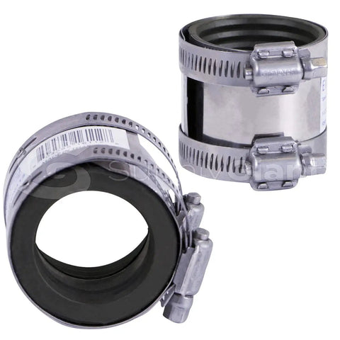 Shielded Transition Coupling For 1-1/2 Inch Tubular To 2 Inch Cast Iron Plastic Or Steel Pipes, Heavy Duty, Rigid Joints, Wide Range Of Pipe Connections on two couplings