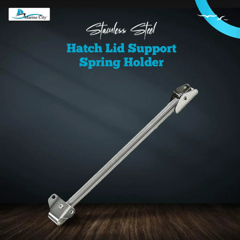 304 Stainless Steel Hatch Lid Support Spring Holder with mounting brackets displayed on wooden surface.