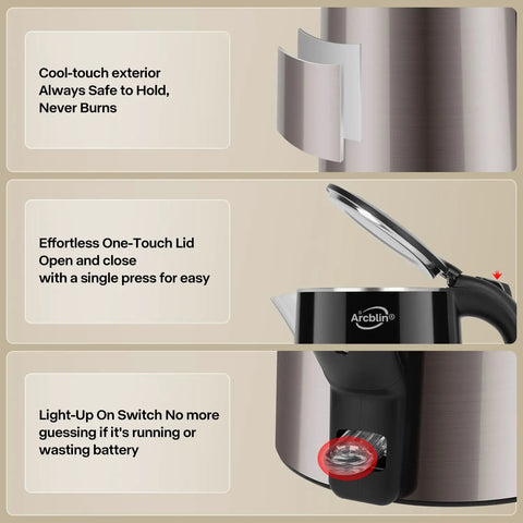 1.8L Electric Kettle With Double Wall Insulation For Safe Touch 1350W Fast Boil 304 Stainless Interior Auto Shut Off And Boil Dry Protection Zero Plastic Contact Gold Finish For Your Quick Tea And Coffee In A Snap On Busy Mornings - close-up views