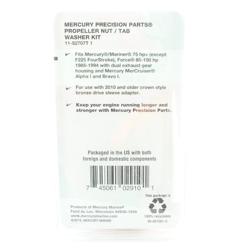 Back packaging of Propeller Nut And Tab Washer Kit OEM For Mercury Mariner Engines 75 HP Plus Fits Force 85 150 HP 1985 1994 With Dual Exhaust Gear Housing 11-52707T1 Marine Replacement Part showing text details and barcode.