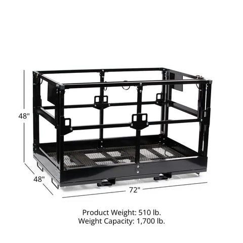 Rock Solid Four By Six Foot Mesh Telehandler Work Platform With Heavy Duty Safety Cage For Forklift Aerial Access, dimensions 72x48x48 inches.