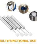 4 Pack Soft Close Trash Can Dampers Piston Lid Support hinges, steel and plastic mechanism, shown with trash can examples, white finish