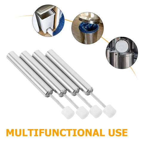 4 Pack Soft Close Trash Can Dampers Piston Lid Support hinges, steel and plastic mechanism, shown with trash can examples, white finish