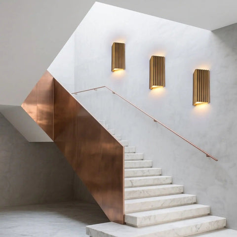 ZEROUNO Modern LED Wall Sconce Indoor Wall Lights Set of 2, Bronze hardwired lamps illuminating a modern staircase.