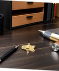Classic Antique Golden Toggle Latch Zinc Alloy Duckbilled Hasp Lock For Toolbox Guitar Case Jewelry Box with black pen on desk.