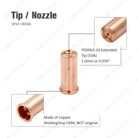 Extended Electrode Tip Kit For Versa-Cut 40A CB50 Plasma Torch, PD0063-10 copper nozzle, 0.039in diameter, 50A cutting