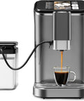 Pull The Perfect Shot With This Fully Automatic Espresso Machine Featuring Built In Grinder And Milk Frother Steam Wand For Smooth Daily Grinds And Top Shelf Sips Grey pouring espresso into a glass cup.