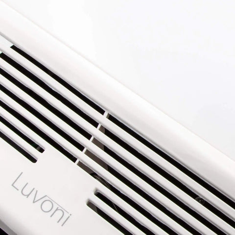 Close-up of white grill of Super Quiet 90 CFM Bathroom Exhaust Fan With Built In LED Light, Ceiling Mounted Vent, 4 Inch Duct Compatible