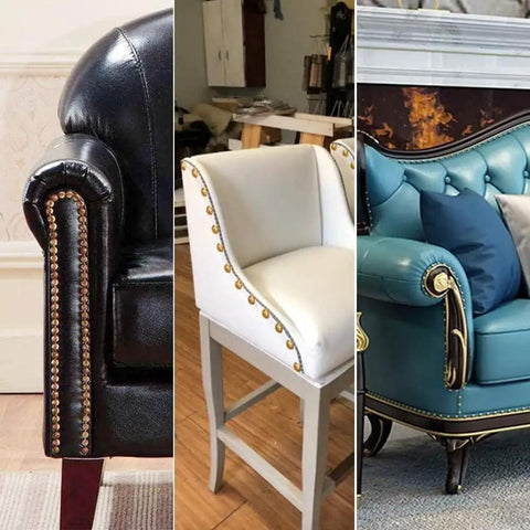 Tough As Nails Gold Metal Upholstery Tacks For Furniture Fixes And Slick Diy Upgrades 500 Pack on black, white, and teal chairs.