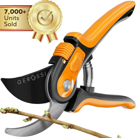 Effortless Garden Pruning Shears With Ultra Sharp Blades and Adjustable Comfort Handles cutting a branch, corrosion-resistant.