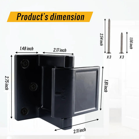 Product dimensions for Built Tough Door Security Lock Zinc Alloy Reinforcer Plate in sleek black, showing sizes and installation screws.