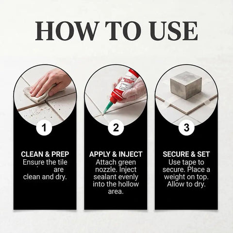 DIY Floor Repair Kit 150ml Quick Dry Tile Adhesive instructions: clean tiles, inject adhesive, secure with weight.