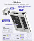 Dual-purpose network cable tester showing RJ11 and RJ45 ports for Ethernet installs, part of the RJ45 Crimp Tool Kit For Cat7 Through Cat5e.